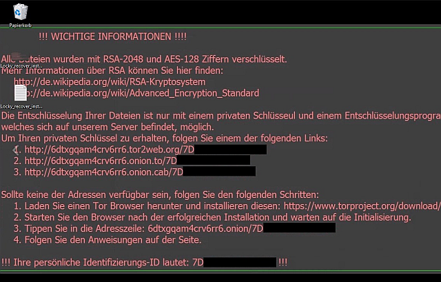 a megfertőzött és lekódolt tartalmú gépen ez a háttérkép jelenik meg a kismacskás helyett, kép forrása: heise.de
